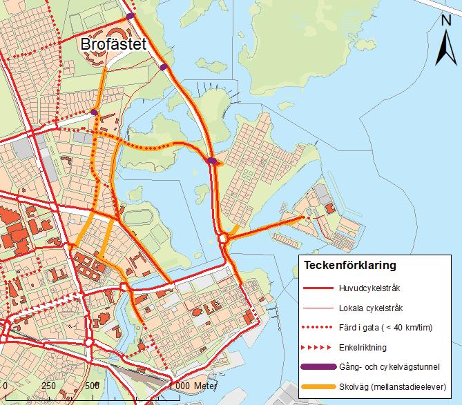 8 (16) Det finns många färdvägar som består av gång- och cykelvägar samt bostadsgator med en hastighet på 30km i timmen.