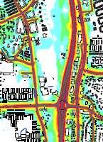 Den maximala ljudnivån om 70 dba överskrids längsmed E4, Husarvägen och Mälarvägen men avtar snabbt när man förflyttar sig in i området.