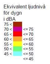 För ett mindre hörn i områdets sydvästra del beräknas den maximala ljudnivån om 70 dba överstigas.