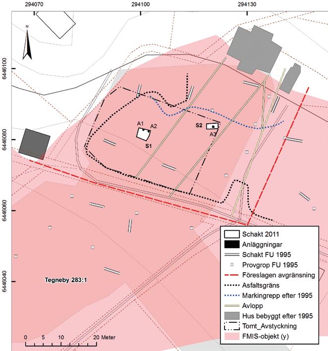 12 Bohusläns museum Rapport 2014 :25 Figur 7. Plankarta över 2011 års förundersökning med schakt, påträffade anläggningar samt inmätta topografiska element. Skala 1 :550.