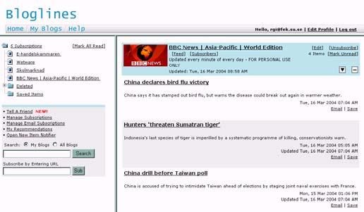 webbaserad aggregator topic tracking http://blogdex.net www.daypop.com www.bloglines.