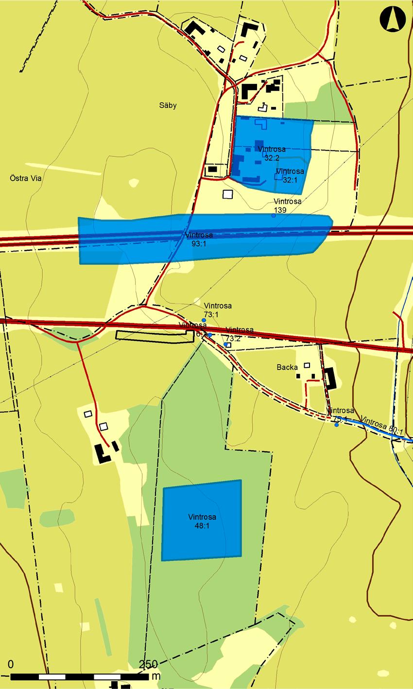 Arkeologisk förundersökning i Säby 2:4 6 Figur 2. Undersökningsområdet är markerat med en svart ram och befinner sig strax söder om gamla E18-vägen.