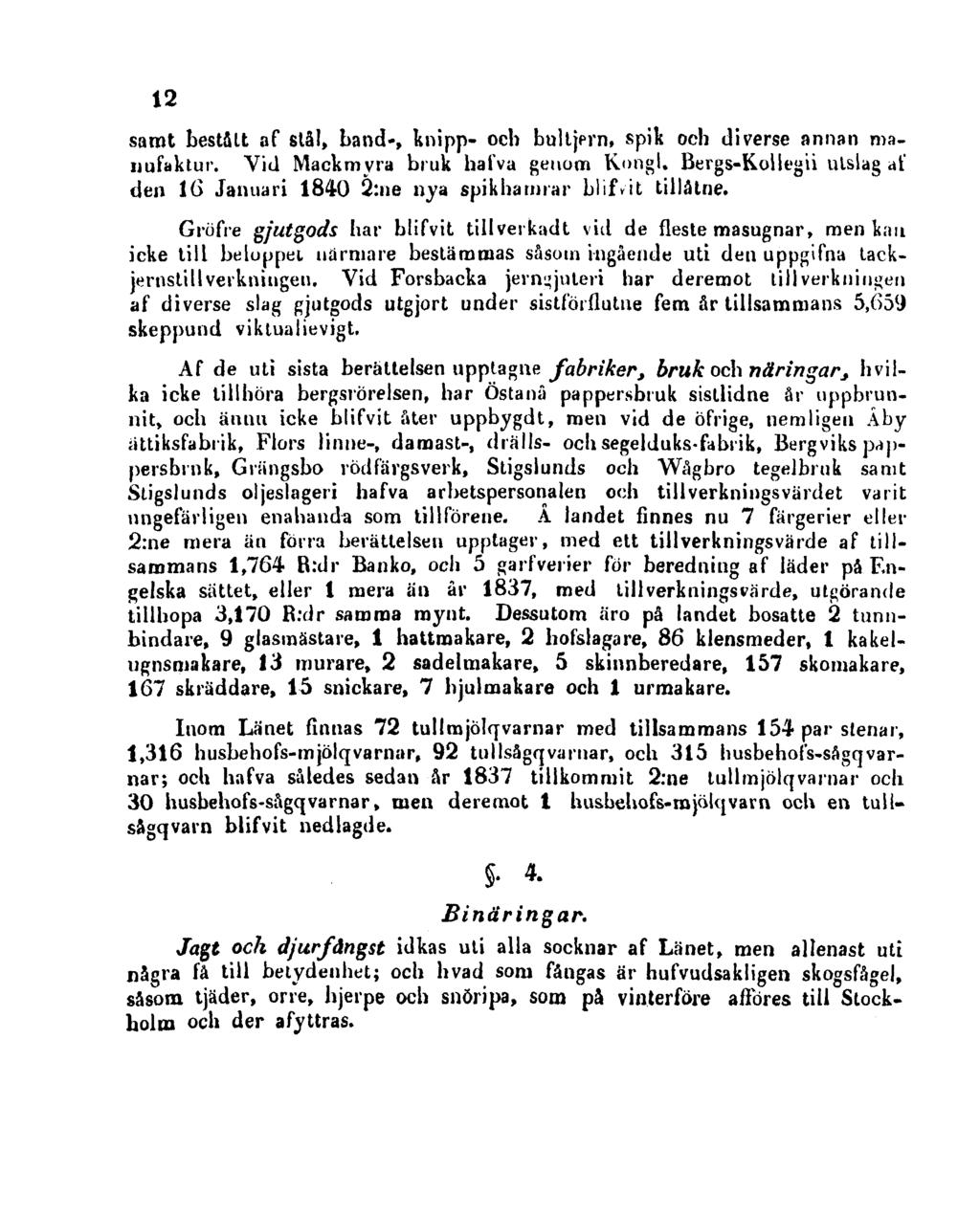 12 samt bestått af stål, band-, knipp- och bultjern, spik och diverse annan manufaktur. Vid Mackmyra bruk hafva genom Kongl.