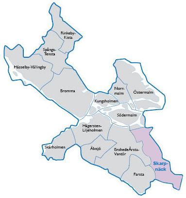 Stadsdelsområdet omfattar stadsdelarna Hammarbyhöjden, Björkhagen, Enskededalen, Kärrtorp, Bagarmossen, Skarpnäcks gård, Flaten, Orhem och Skrubba.