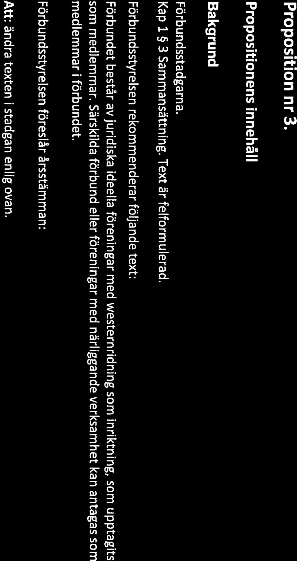 Western Riders Association of $weden Proposition nr 3. Propositionens innehåll Bakgrund Förbundsstadga rna. Kap 1 3 Sammansättning. Text är felformulerad.