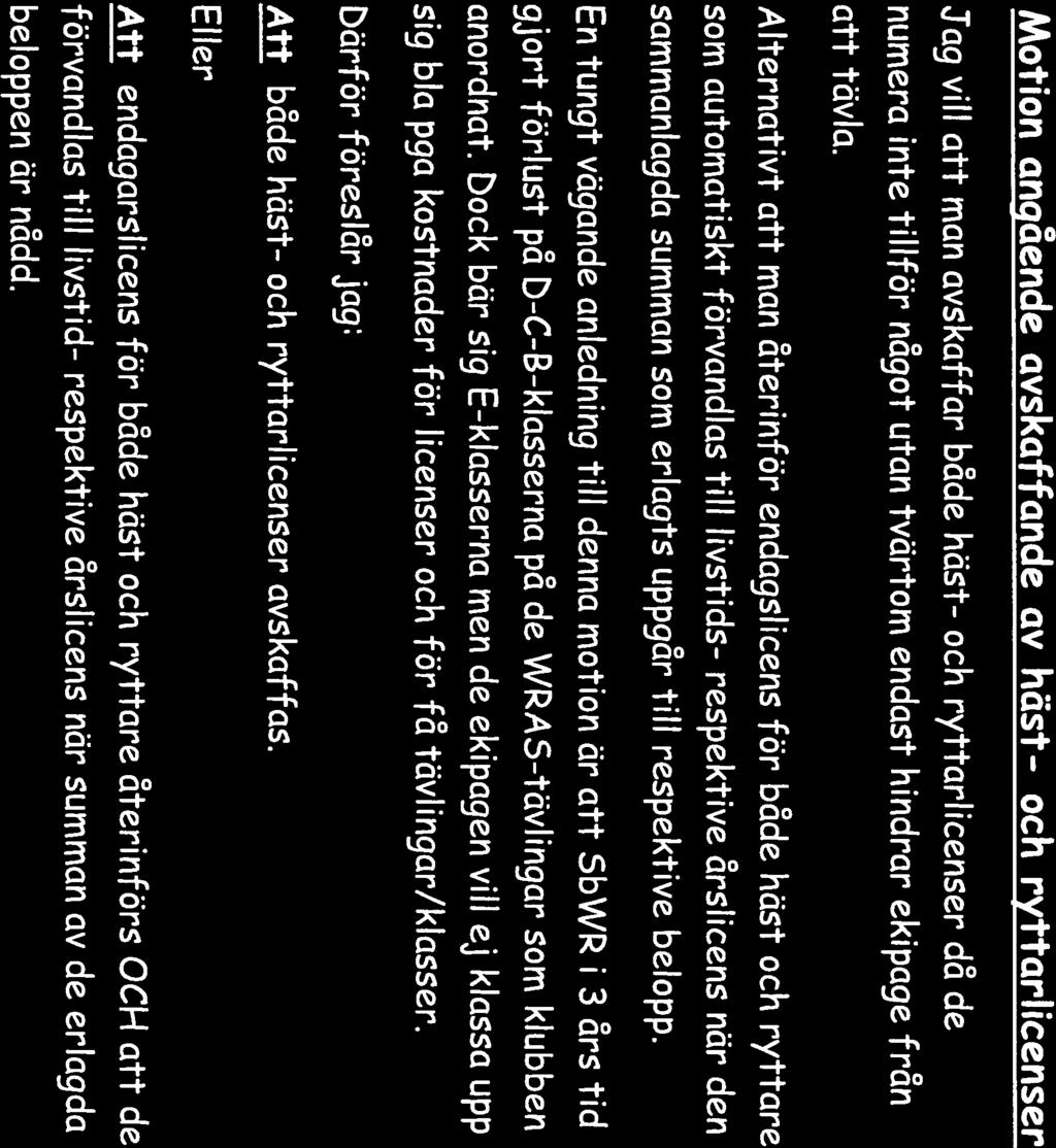 Motion angående avskaffande av hast- och ryttarlicenser Jag vill att man avskaffar både höst- och ryttarlicenser d de numera inte tillför något utan tvörtom endast hindrar ekipage fran att tavla.