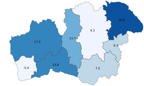 Gästnätter i Kronobergs län, jan-juli 2017 592 028 gästnätter (+9,7 %, + 52 537 st) (Utveckling per marknad