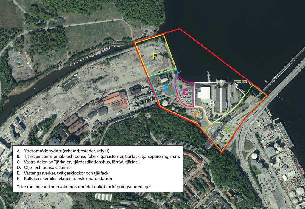 Figur 3-1 Områdesindelning Ropsten-Kolkajen I den norra delen av undersökningsområdet (område F) där stenkol skeppades in och lagrades är uppmätta halter i jorden lägre än i övriga biproduktsområdet