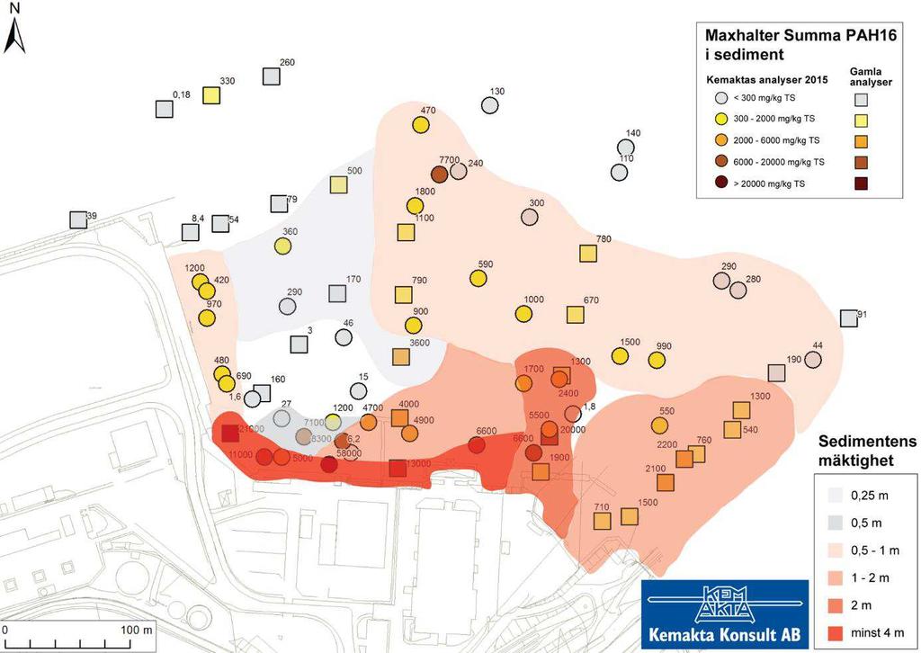 Figur 3-11 Uppskattad utbredning och mäktighet (föroreningsdjup) av sediment som överskrider 200 mg/kg TS (PAH-16), dvs. föreslaget platsspecifikt riktvärde för sediment.