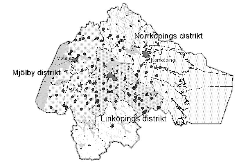 Figur 1. Karta över de 79 inventerade slutavverkningarna i Skogsvårdsstyrelsen Östra Götalands region, Mjölby, Linköping och Norrköpings distrikt. 3.