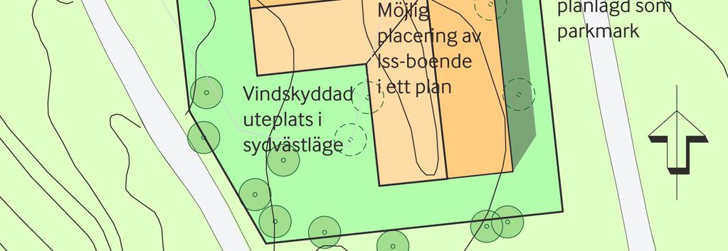 Befintliga träd (främst tallar) på den södra delen av planområdet kan behållas som en sammanhållen del av