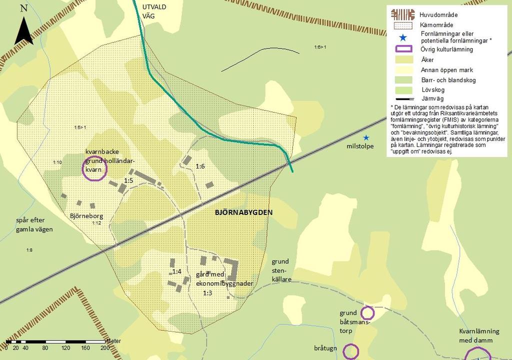 Kärnområdet Björnabygden Delar av äldre vägnät finns kvar centralt i byn och används än idag. Byvägen i nord sydlig riktning är kantad av dubbla stenmurar.
