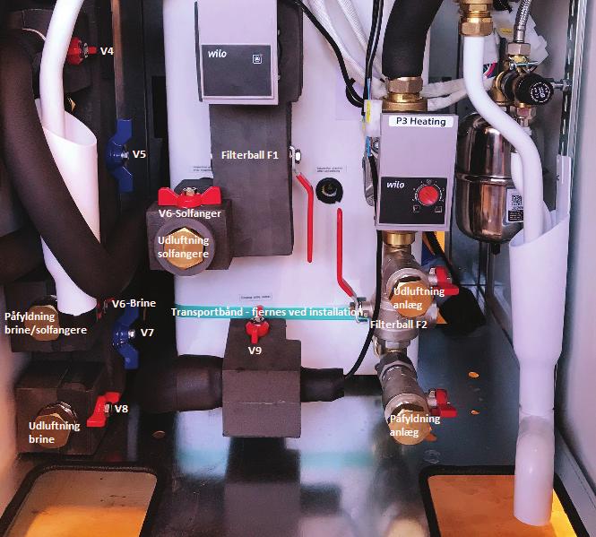 Påfyllning av brine- och solvärmekrets V4 V5 Filterventil F1 V6 - Solfångare Urluftning av solfångare Påfyllning brine och solfångare V6 - rine V7 Transportband - avlägsnas vid installation