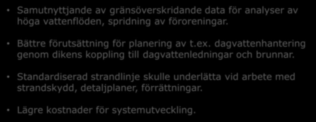 Resultat Nyttor för kommuner Samutnyttjande av gränsöverskridande data för analyser av höga vattenflöden, spridning av föroreningar. Bättre förutsättning för planering av t.ex.