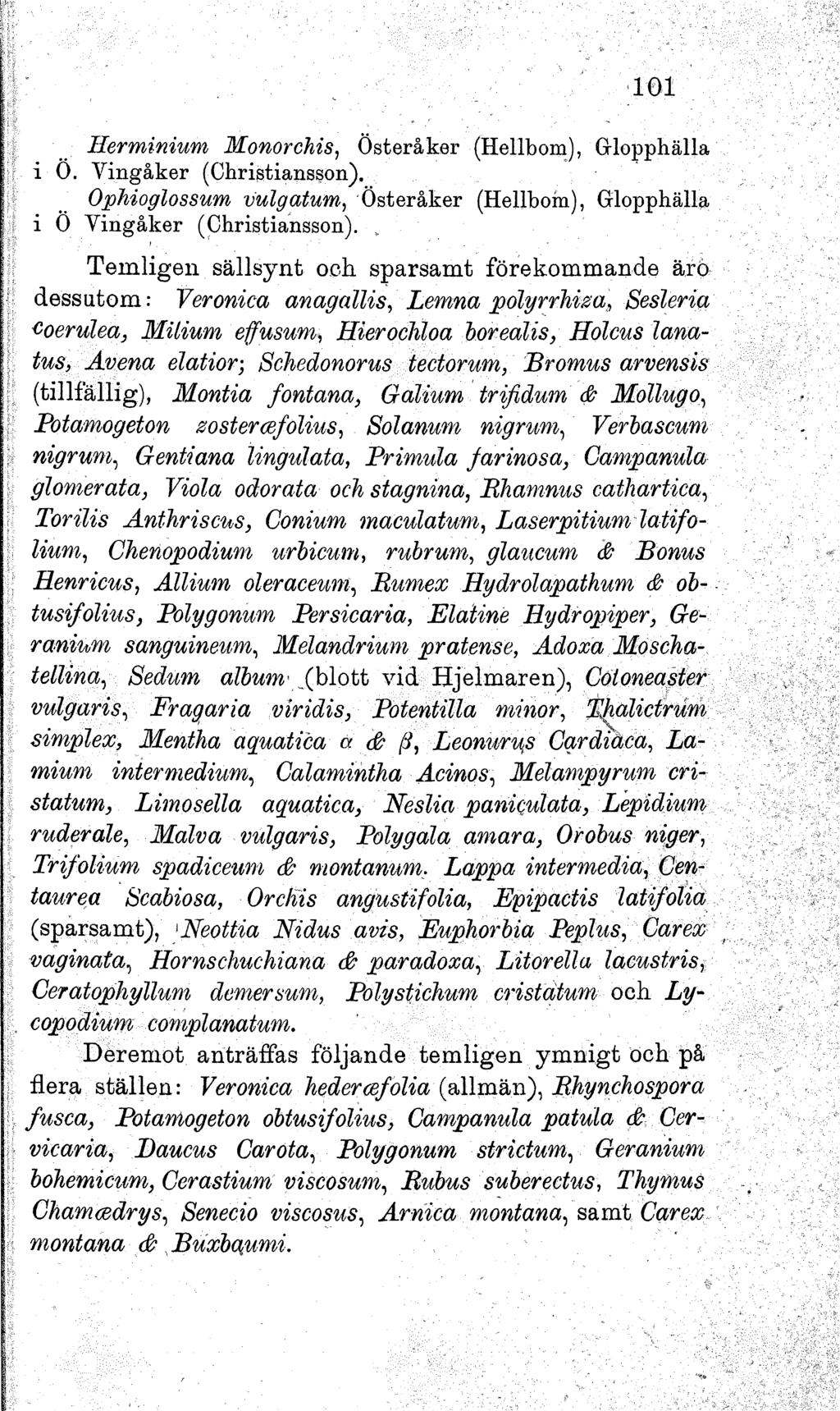 101 Herminium Monorchis, Österåker- (Hellbom), Grlopphälla i 0. Vingåker (Christiansson). Ophioglossum vulgatum, Österåker (Hellbom), Glopphälla i Ö Vingåker (Christiansson).