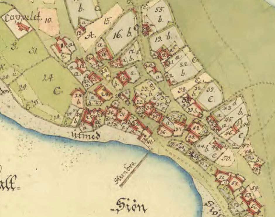 TOMTERNA OCH HUSEN Först en karta från 1737. Geometrisk beskrivning över fiskeläget Viken.