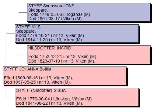 Hennes mor Johanna Styff som föddes på nr 13 i Viken, syns nedan med sina anor. Som synes ovan bodde flera släktingar i Viken. Personer med grön text nedan är anor.
