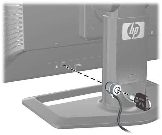 Installera ett kabellås Lås fast bildskärmen vid ett fast föremål med ett kabellås som kan köpas som tillval från HP. Bild 2-19 Installera ett kabellås Sätta på bildskärmen 1.
