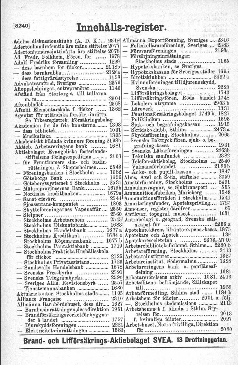 1683 18240) Innehålls-register...'.~.Adelns diskussionsklubb (A. D. K.l... 2312 Allmänna Exportförening, Sveriges "",,2316.