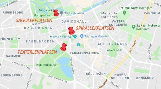 TRE NEDSLAG I MALMÖ DEN EMPIRISKA STUDIEN Med syfte att bidra till en ökad förståelse för vad som utgör en god lekmiljö har tre platsstudier gjorts på olika temalekplatser i Malmö.