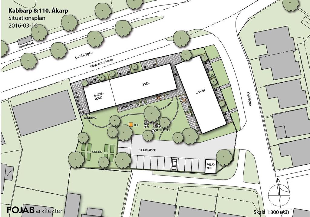 1. Utredningsområde och bebyggelseförslag Enligt planförslaget föreslås två nya flerbostadshus med butikslokal på fastigheten Kabbarp 8:110 strax söder om Lundavägen.