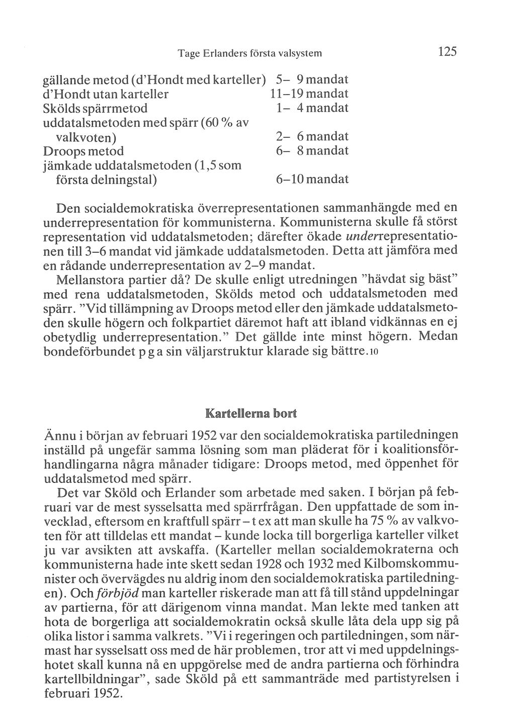 Tage Erlanders första valsystem gällande metod (d3hondt med karteller) 5-9 mandat d'hondt utan karteller 11-19 mandat Skölds spärrmetod 1-4mandat uddatalsmetoden med spärr (40% av valkvoten) 2-4