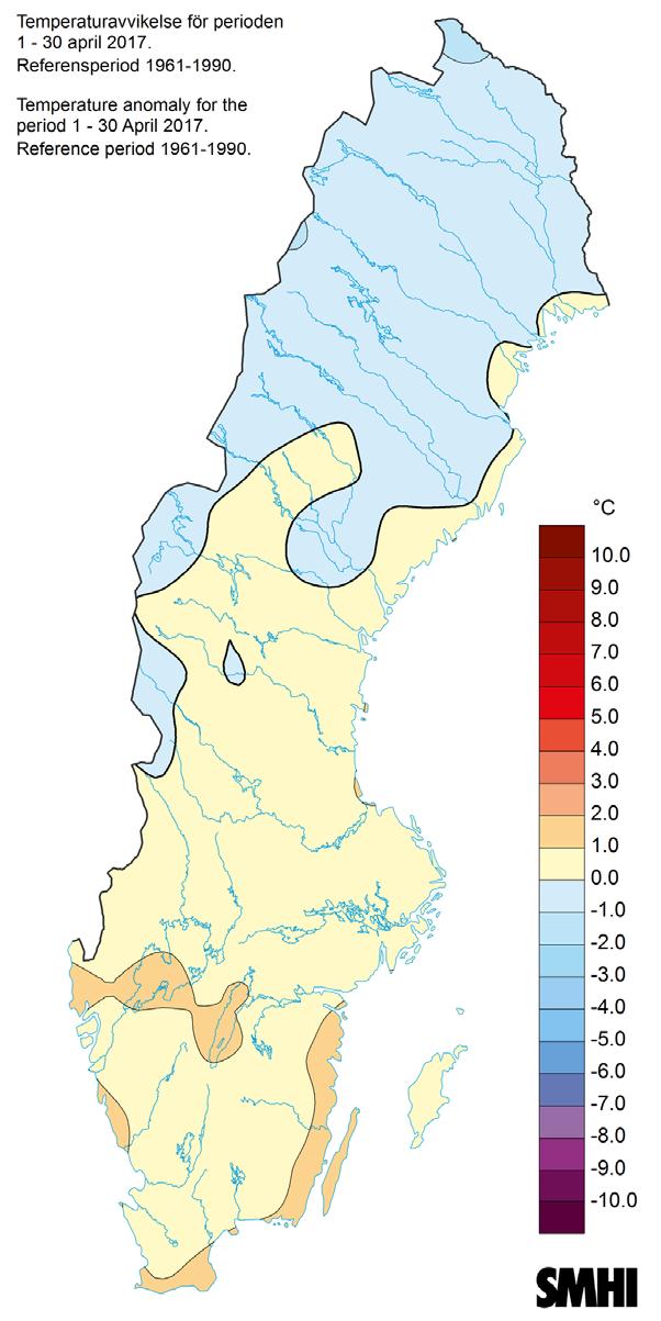 Temperaturavvikelse för föregående månad, april 2017 Kartan visar hur mycket medeltemperaturen för april 2017 avviker (i C) från månadens normala medeltemperatur (medelvärdet 1961-1990).