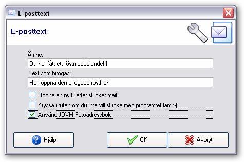 Programfönstret för JDVoiceMail har ett enkelt och funktionellt utseende, men du behöver göra vissa inställningar innan du kommer igång. Klicka på menyn Inställningar och välj E-posttext.