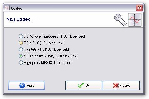 Nästa inställning gör du under menyn Välj Codec. Här talar du om för programmet vilken filtyp du önskar spara ditt meddelande i.