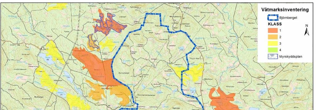 1. SCA klass 1 skog. Området ligger på en höjd vid vattendelaren i projektområdets ytterkant och områdets hydrologi bedöms därför inte kunna påverkas av en vindkraftetablering. 2.