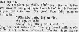 27 <p>på det sättet, ser Calle, påstår jag i sten, att lyckan icke utväljer sina gunstlingar bland de klokaste och förnumstigaste här i verlden.