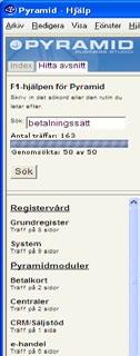 Att manövrera runt i hjälpsystemet Använd navigeringsscrollen i navigeringen för att bläddra. Fliken Index visar Pyramids moduler samt länkar till övrig information.