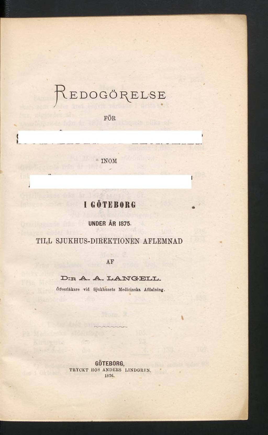 R EDOGÖI^ELSE POR INOM I GÖTEBORG UNDER ÅR 1875. TILL SJUKHUS-DIREKTIONEN AFLEMNAD AP Dm A. -A.
