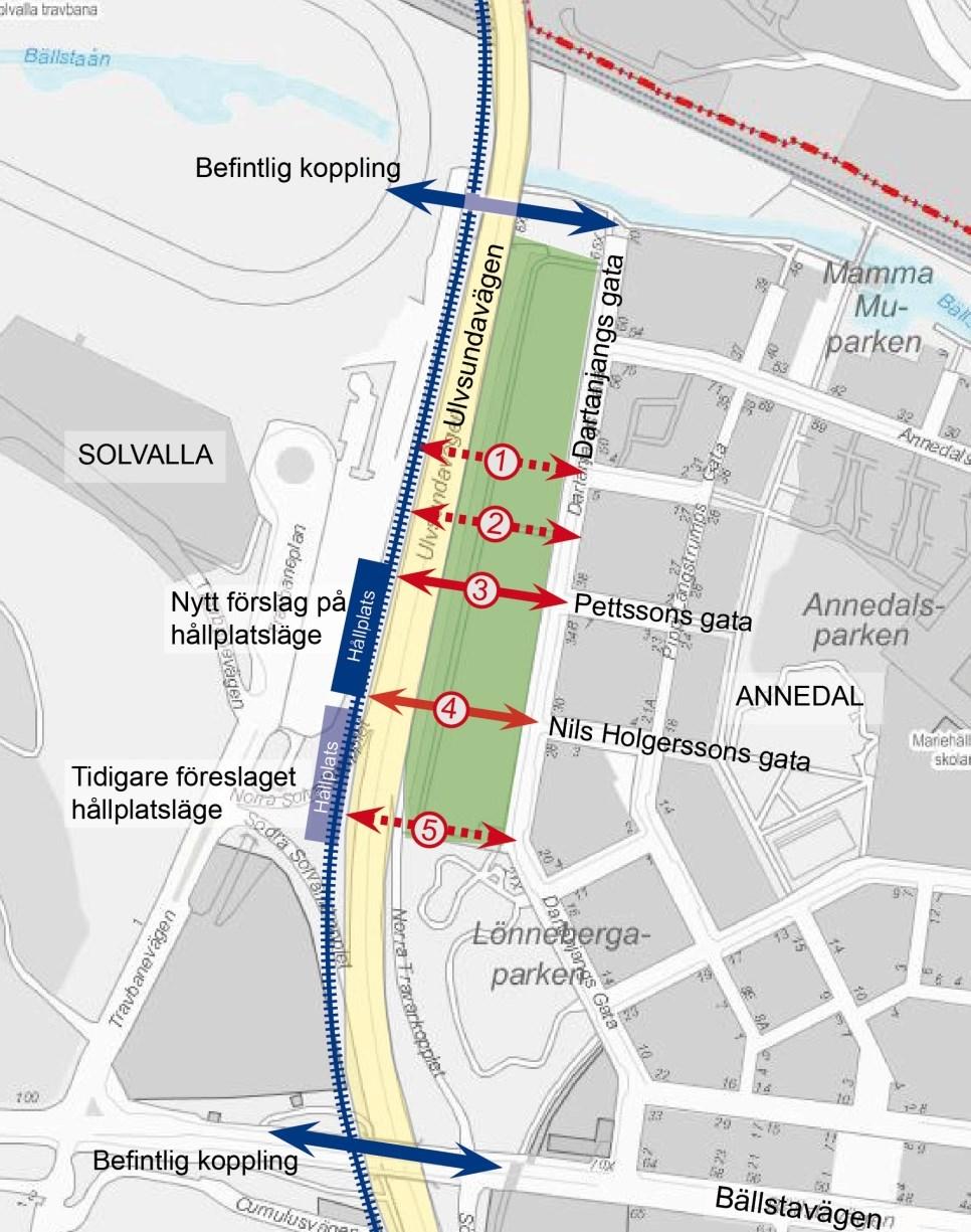 Sida 6 (14) Alternativstudie Studerade förbindelser sträcker sig mellan Dartanjangs gata i Annedal och ansluter till hållplats Solvalla.