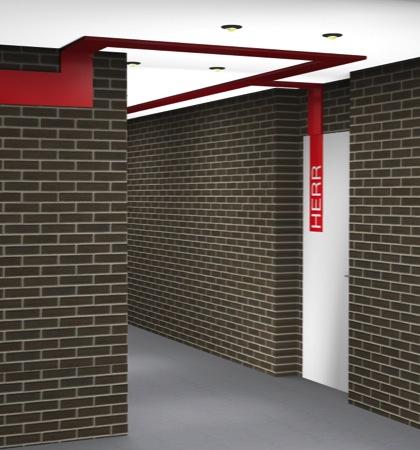 Det som tillhör sporthallen kommer att ha en och samma linje. Detta innebär att linjen mellan entrén och sporthallens omklädningsrum även kommer gå via läktaren.