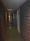 Från andra sidan byggnaden upplever man istället byggnaden som ett tvåvåningshus, där sporthall och omklädningsrum ligger på entréplan.