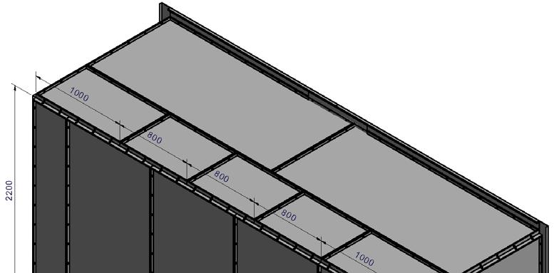 Figure 14: Example 3. I exempel 3 ska taket skruvas upp med tre kantlister med längd 800mm och två med längd 1000mm oavsett hur breda väggsektionerna är.