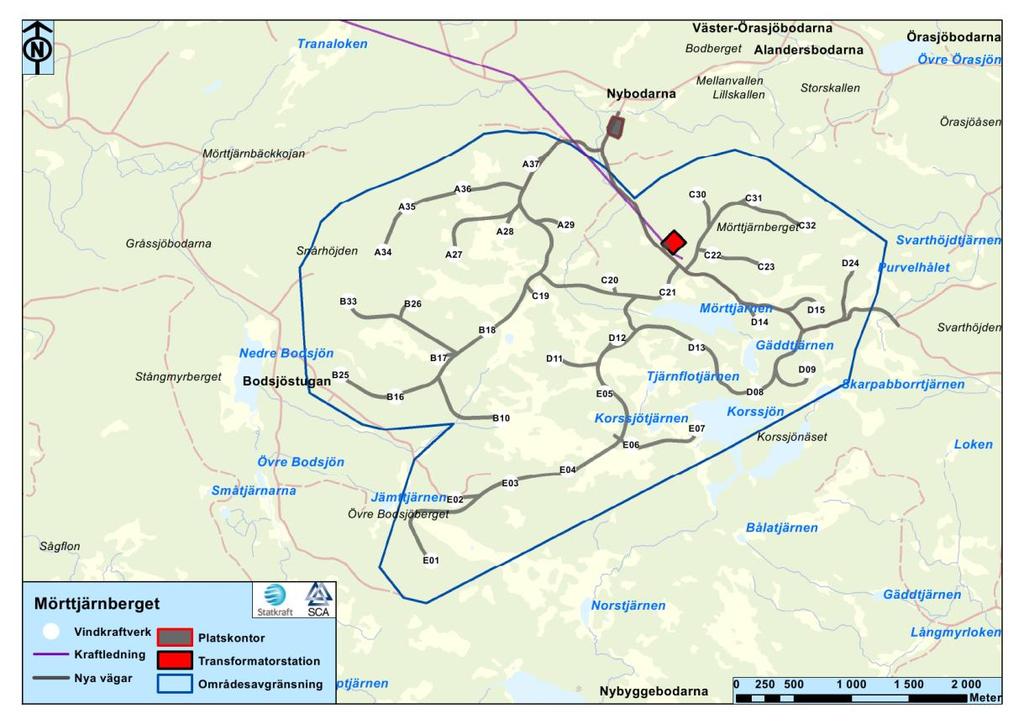 2 Bakgrundsmaterial Figur 9. MTB:s interna vägnät. 2.10 Internt elnät och längsgående jordlinenät Vindkraftverken är ihopkopplade med MTB station indelade i fem delar kallat radialer.