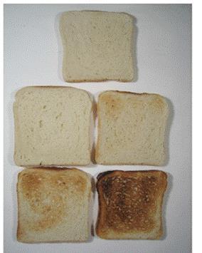 Bröd A Bröd D Figur 2. Bröd A och D:s färg efter 0,1,2,3 och 4 minuters rostning. Ju längre tid rostningen pågick desto mörkare färg på brödet.