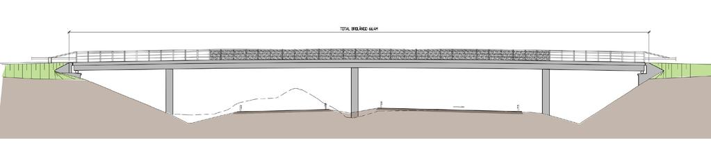 I mittremsan på ömsesidor av bron planteras torktåliga lägre buskar som markering av trafikplatsen. Bild från idag. Under bron läggs kullersten i cementbruk för ett prydligt distinkt uttryck.