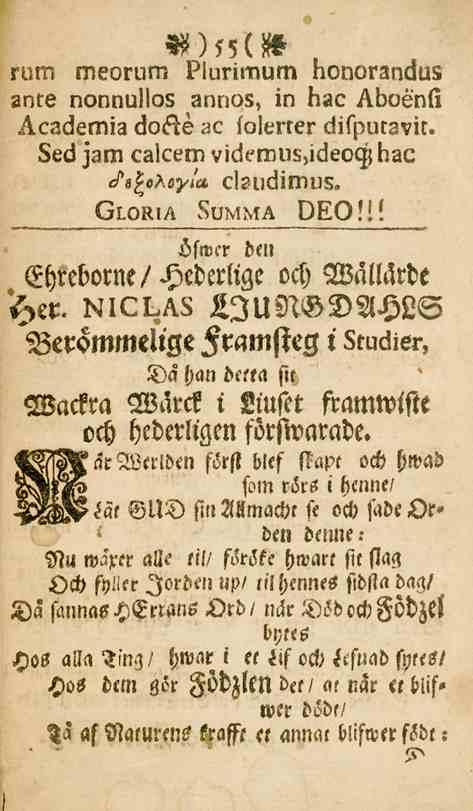 HP)SS(W rum meorum Plurimum honorandus ante nonnullos annos, in hac Aboénfi Academia docl:é ac folerter difpuravic. Sed jam calcem videmus,idec<s hac eptfyhayt* claudimus. Gi.o«i^ Summa DEO!