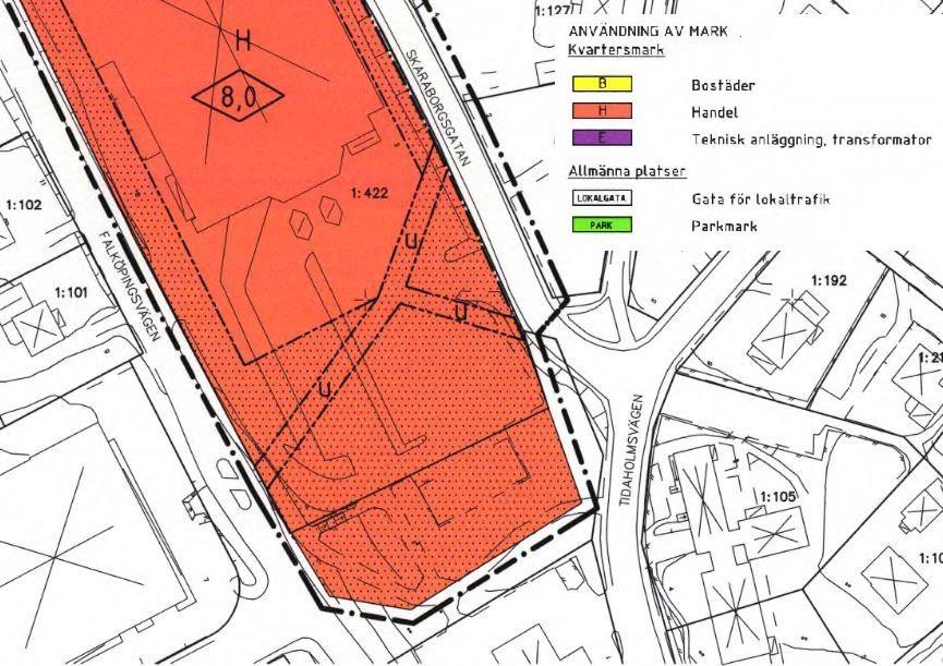 Området där föreslagen detaljplan visar återvinningsplats med sorteringskärl är i gällande detaljplan också planlagd som parkering.
