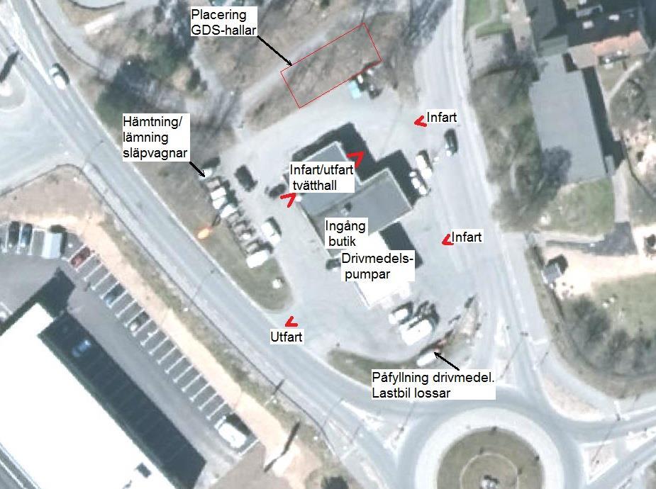 Drivmedelsstationen med in- och utfarter samt markering av gör-det-själv-hallar.