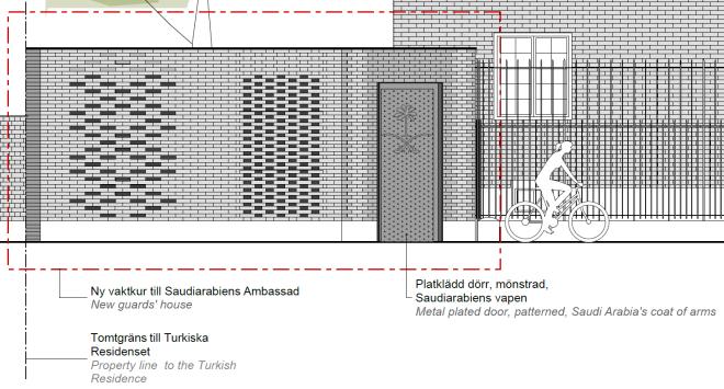 Sida 12 (14) Norra elevationen av den föreslagna vaktkuren mot Dag Hammarskjölds väg.
