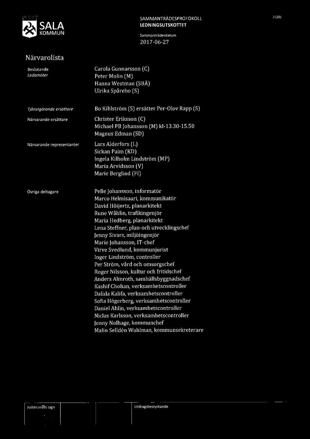 SALA SAMMANTRÄDESPROTOKOLL 2(20) Närvarolista Beslutende Ledamöter Carola Gunnarsson [C] Peter Molin [M] HannaWestman(SBA] Ulrika Spårebo [S] Tjänstgörande ersättare Närvarande ersättare Närvarande