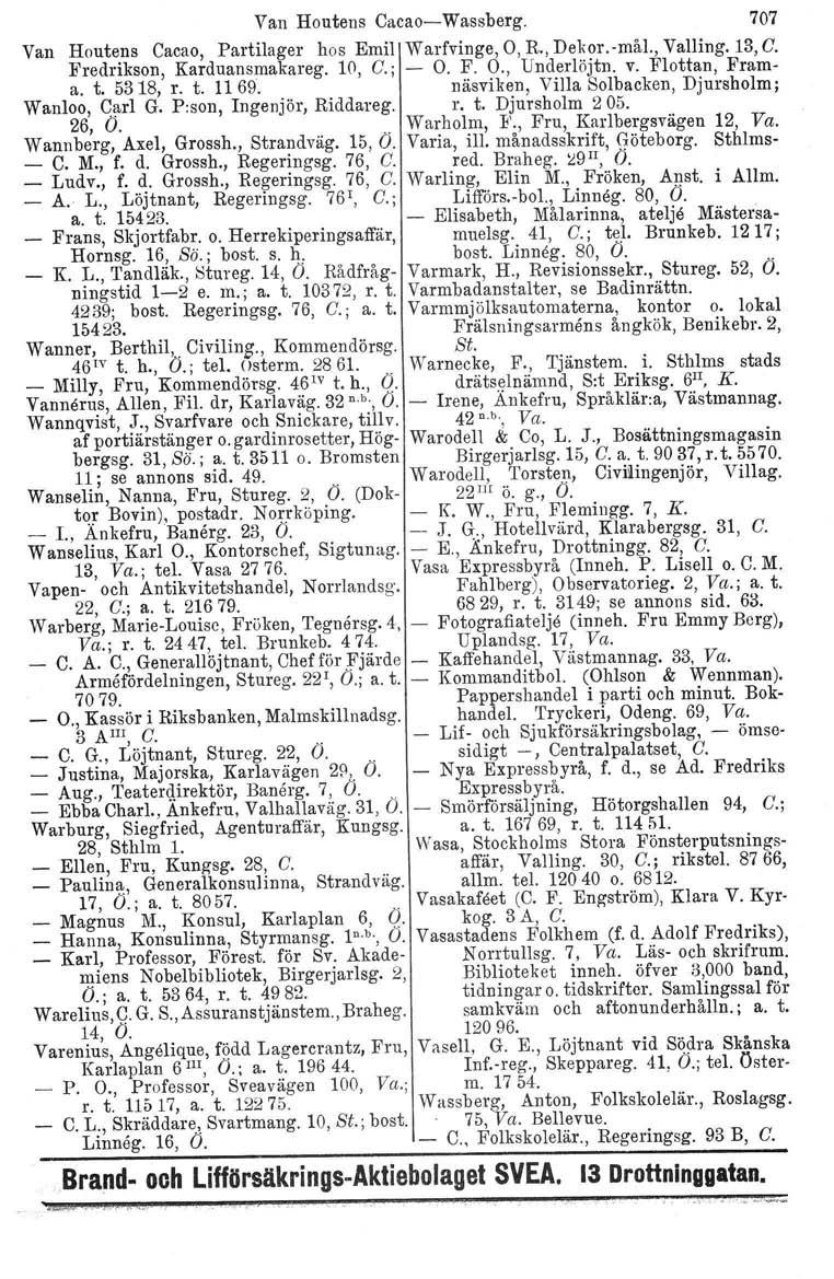 Van Houtens CacaoWassberg. 707 Van Houte.ns Cacao, Partilager hos Emil Warfvinge, O, R., Dekor.mål., Valling. 13, C. Frednkson, Karduansmakareg. 10, C.; O. F. O., Underl öjtn. v. Flottan, Frama. t.