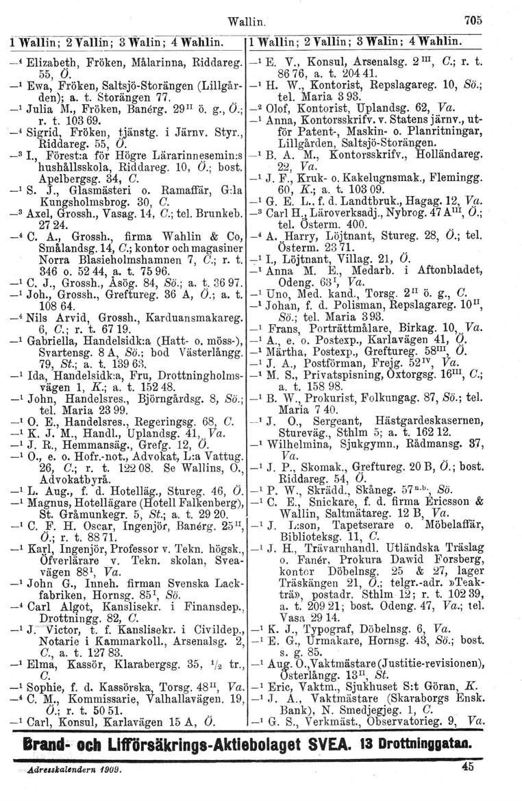 Wallin. 705 iwallin; 2 Valflii;TfWl:tliil;4wahHn.~TWallin; 2Vallin; 3 Walin; 4 Wahlin. t Elizabeth, Fröken, Målarinna, Riddareg. _I E. V., Konsul, Arsenalsg. 2 m, G.; r. t. 55, O. 8676, a. t. 20441.