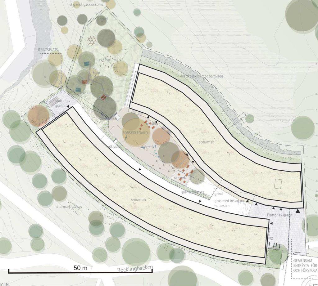 5 Planens konsekvenser för dagvattenförhållanden 5.1 Planbeskrivning I kvarteret ska det anläggas två flerbostadshus som i utformningen till viss del följer formen av berget norr om kvarteret.