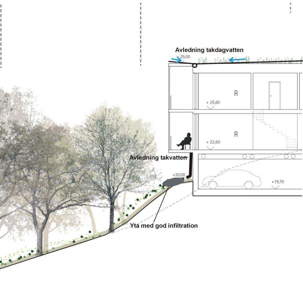 6.1.2 Takvatten Byggnaderna ska anläggas med gröna tak, på det södra taket kommer det även placeras solceller på en takyta på 30 m 2.