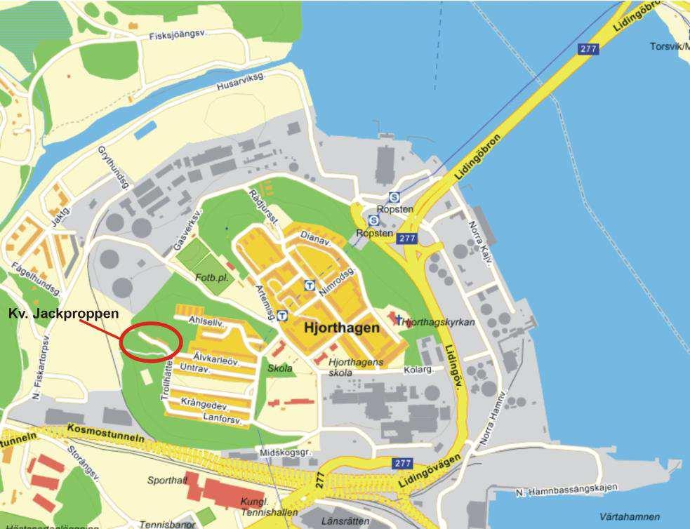 Figur 1. Kvarteret Jackproppen ligger sydväst om Hjorthagens centrum (källa grundkarta: eniro.se). 3 Områdesbeskrivning 3.